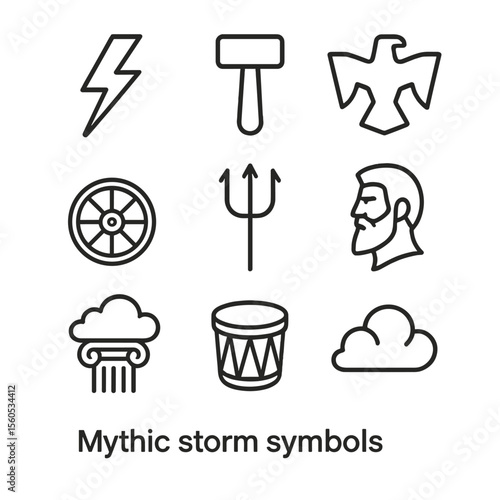 Mythic Storm Icons. Outline icon set of mythic storm symbols: Zeus’s lightning, Thor’s hammer, thunderbird silhouette, storm