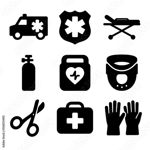 Emergency and PPE Icons. Solid, filled icon set of paramedics at emergency scenes: ambulance, EMT badge, stretcher, oxygen tank,