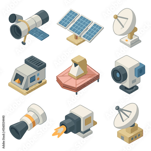 Space Mission Icon Set. Isometric Flat icon set of space-based exoplanet missions: space telescope satellite, solar panel array,