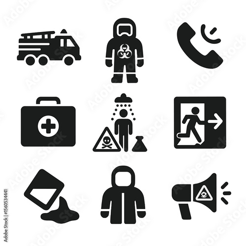 Emergency Response Icons. Solid, filled icon set of emergency response to chemicals: fire truck, hazmat team, emergency phone,