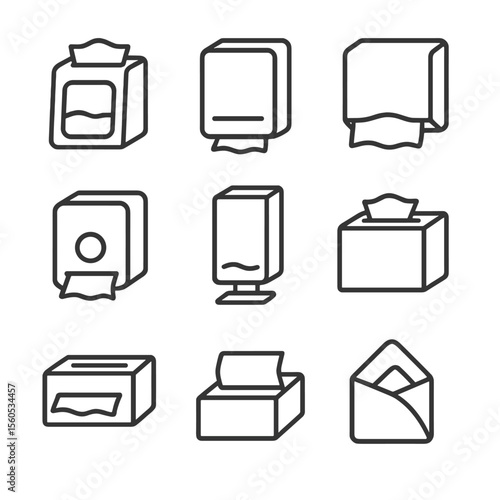 Napkin Dispenser Icons. Outline icon set of napkin dispenser types: countertop dispenser, wall-mounted dispenser, pull-down