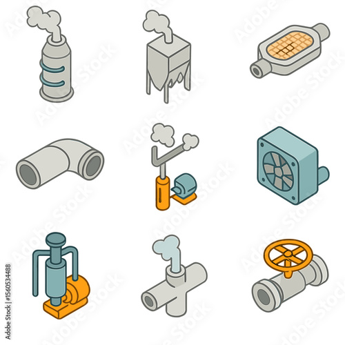 Emission Control Icon Set. Isometric Flat icon set of emission control and scrubbers: flue gas scrubber tower, particulate filter