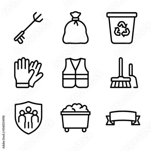 Neighborhood Cleanup Icons. Outline icon set of neighborhood clean-up volunteering: litter grabber, trash bag, recycling bin, work
