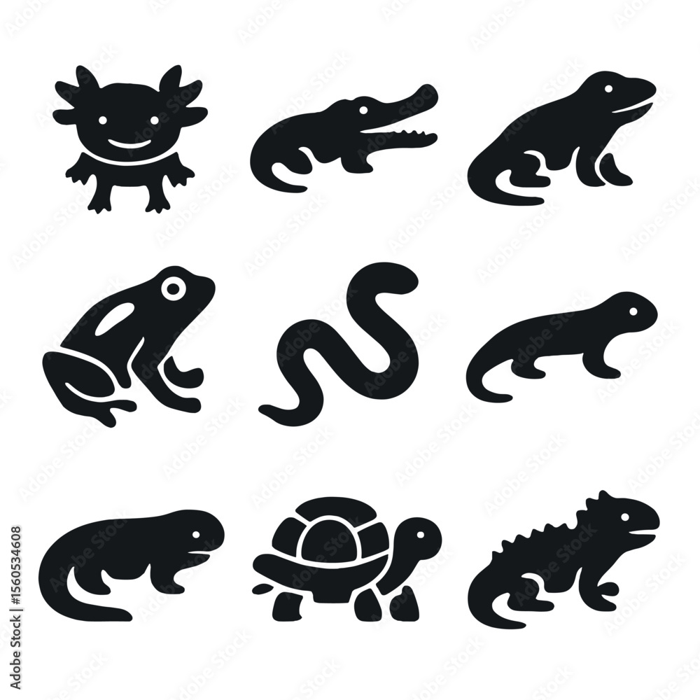 Obraz premium Endangered Reptile Icons. Solid, filled icon set of endangered reptiles and amphibians: axolotl, gharial, Komodo dragon, poison
