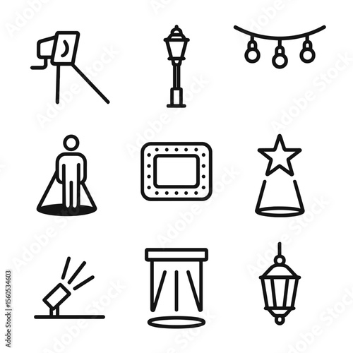 Night Lighting Icons. Outline icon set of nighttime exterior lighting: floodlight beam, lamp post, string light, silhouette shadow