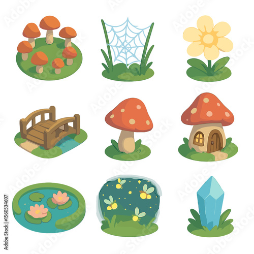 Enchanted Forest Icons. Isometric Flat icon set of enchanted forest glade path: fairy ring mushrooms, dewy spiderweb, glowing