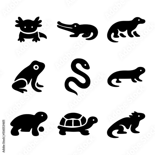Endangered Reptile Icons. Solid, filled icon set of endangered reptiles and amphibians: axolotl, gharial, Komodo dragon, poison