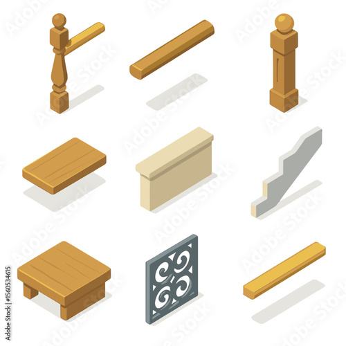 Stair Elements Icon Set. Isometric Flat icon set of stair and railing elements: baluster, handrail, newel post, stair tread, riser