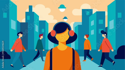 A person in an urban setting walking down a bustling street but wearing headphones and listening to a guided meditation to tune out the noise and find inner peace and focus.. Vector illustration