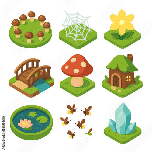 Enchanted Forest Icons. Isometric Flat icon set of enchanted forest glade path: fairy ring mushrooms, dewy spiderweb, glowing