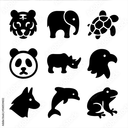 Endangered Species Icons. Solid, filled icon set of endangered species protection: tiger, elephant, turtle, panda, rhino, eagle,
