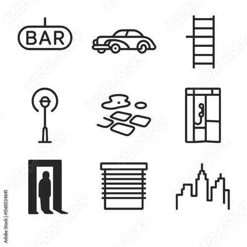 Noir City Icons. Outline icon set of noir city nightscape: neon bar sign, vintage coupe car, fire escape ladder, streetlamp halo,