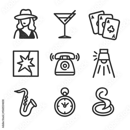 Noir Intrigue Icons. Outline icon set of classic noir intrigue symbols: femme fatale silhouette, martini glass, playing cards,