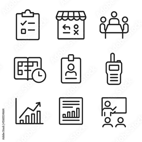 Store Management Icons. Outline icon set of Store Management and Supervision: clipboard clipboard, store layout map, meeting table