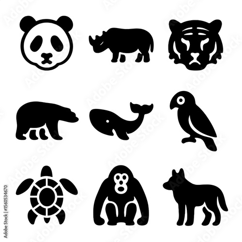 Endangered Species Icons. Solid, filled icon set of endangered species exhibits: panda, rhino, tiger, polar bear, blue whale,