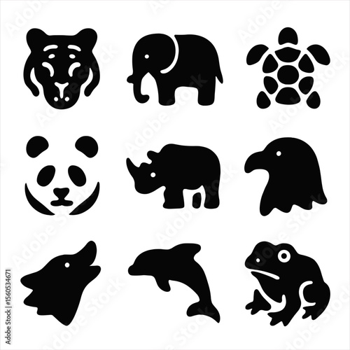 Endangered Species Icons. Solid, filled icon set of endangered species protection: tiger, elephant, turtle, panda, rhino, eagle,