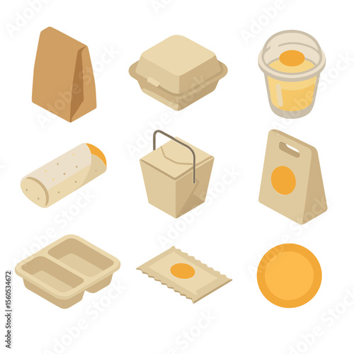 Street Food Icons. Isometric Flat icon set of street food takeaway packaging: kraft paper bag, clamshell container, plastic deli