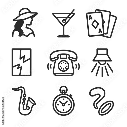Noir Icon Set. Outline icon set of classic noir intrigue symbols: femme fatale silhouette, martini glass, playing cards, broken