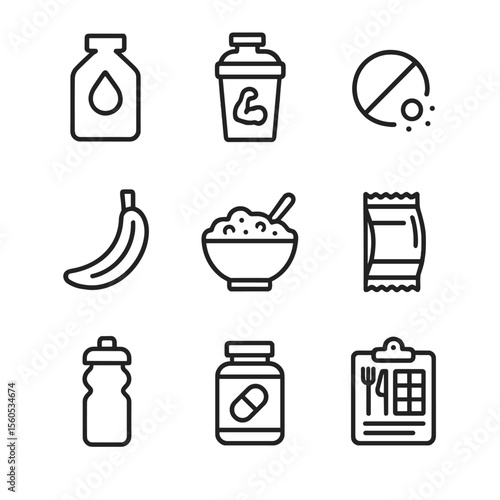 Endurance Nutrition Icons. Outline icon set of nutrition for endurance athletes: energy gel, protein shake, electrolyte tablet,