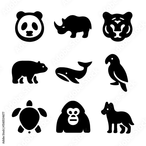Endangered Species Icons. Solid, filled icon set of endangered species exhibits: panda, rhino, tiger, polar bear, blue whale,