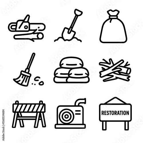 Storm Cleanup Icons. Outline icon set of post-storm cleanup: chainsaw cutting branch, shovel digging, garbage bag, broom sweeping