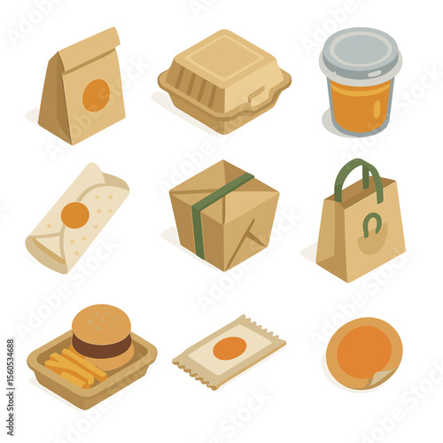 Street Food Icons. Isometric Flat icon set of street food takeaway packaging: kraft paper bag, clamshell container, plastic deli