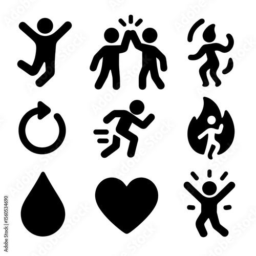 Energetic Icon Grid. Solid, filled icon set of energetic movement and fun: jumping person, high five, swing arms, spin icon, run