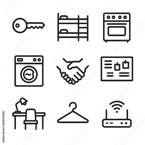 Student Housing Icons. Outline icon set of Student Housing: dorm key, bunk bed, shared kitchen stove, laundry machine, roommate