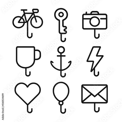 Novelty Wall Hook Icons. Outline icon set of novelty object wall hooks: bicycle hook, key hook, camera hook, mug hook, anchor hook