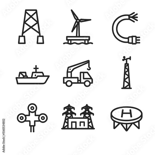 Offshore Wind Icons. Outline icon set of Offshore wind farm elements: jacket foundation, floating platform, subsea power cable,