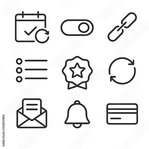 Subscription Icons Grid. Outline icon set of subscription payment management: calendar with renewal mark, auto-renew toggle,