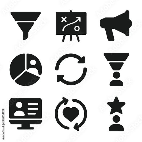 Engagement Tools Icons. Solid, filled icon set of engagement strategy tools: content funnel, strategy board, marketing megaphone,