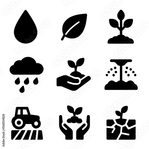 Environmental Icon Grid. Solid, filled icon set of environmental conservation: water drop, green leaf, reforestation tree, rain