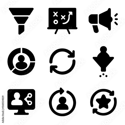 Engagement Tools Icons. Solid, filled icon set of engagement strategy tools: content funnel, strategy board, marketing megaphone,
