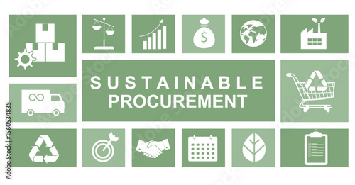 Sustainable Procurement Icon Grid Green Background. sustainable procurement infographic with white icons on green tiles representing ESG business strategy. Ethical Sourcing. Vector illustration