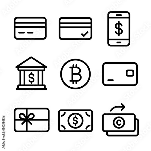 Online Payment Icons. Outline icon set of online payment methods: credit card, debit card, mobile wallet, bank transfer,