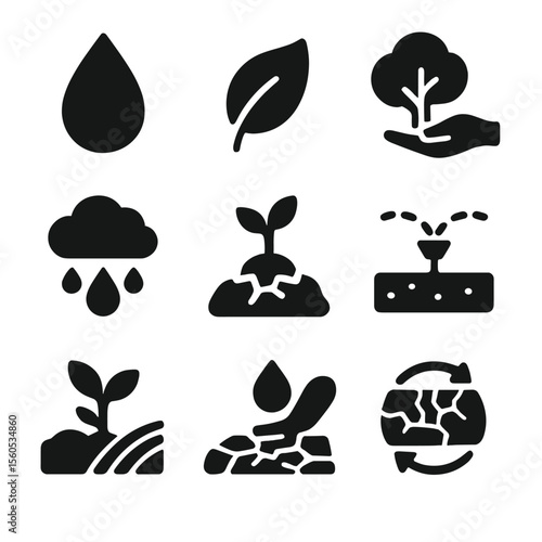 Environmental Icon Grid. Solid, filled icon set of environmental conservation: water drop, green leaf, reforestation tree, rain