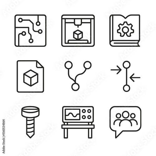 Open-Source Hardware Icons. Outline icon set of open-source hardware design: circuit board, 3D printer, parts library, CAD file,