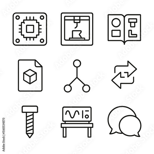 Open-Source Hardware Icons. Outline icon set of open-source hardware design: circuit board, 3D printer, parts library, CAD file,