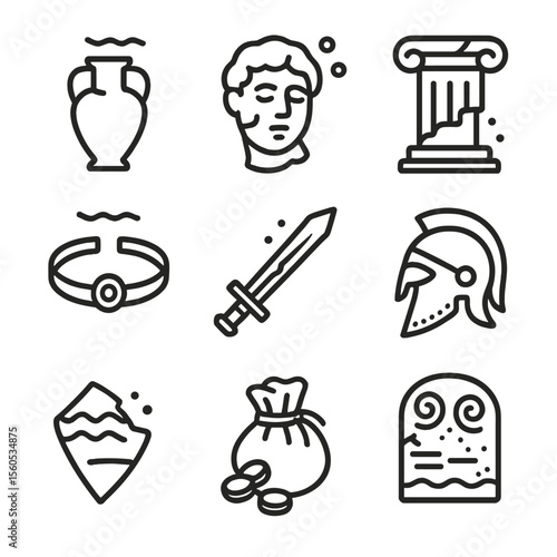 Sunken Artifacts Icons. Outline icon set of sunken ancient artifacts: ancient amphora, broken statue head, marble column fragment,