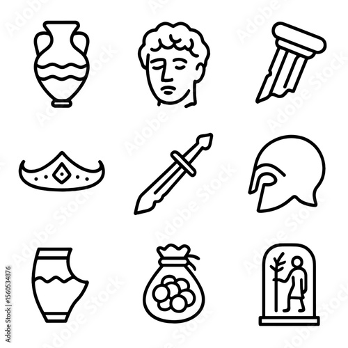 Sunken Artifacts Icons. Outline icon set of sunken ancient artifacts: ancient amphora, broken statue head, marble column fragment,