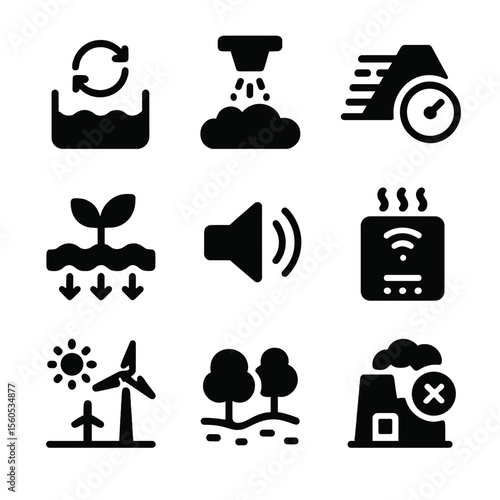 Environmental Mining Tech Icons. Solid, filled icon set of Environmental mining tech: water recycling system, dust suppression,