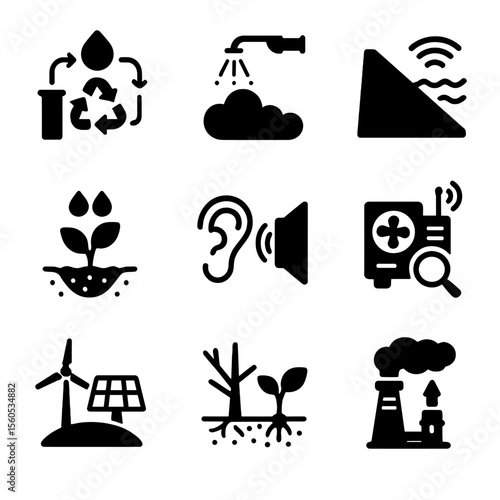Environmental Mining Tech Icons. Solid, filled icon set of Environmental mining tech: water recycling system, dust suppression,