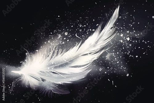 Beautiful white feather floating in air isolated on black background.
