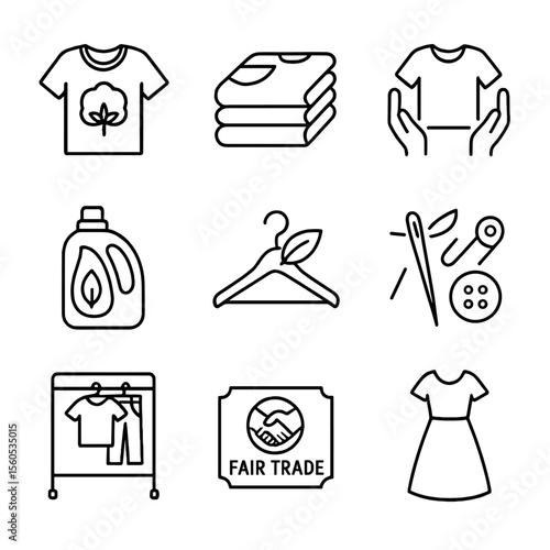Sustainable Fashion Icons. Outline icon set of sustainable fashion elements: organic cotton shirt, thrifted clothes stack,
