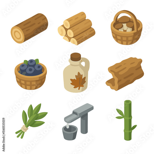 Sustainable Forest Icon Set. Isometric Flat icon set of forest products and sustainable harvesting: timber log, firewood stack,