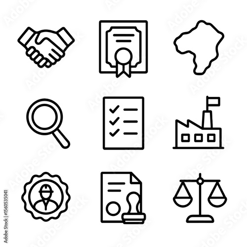Ethical Sourcing Icons. Outline icon set of ethical sourcing: handshake, supplier certificate, origin map, magnifying glass,