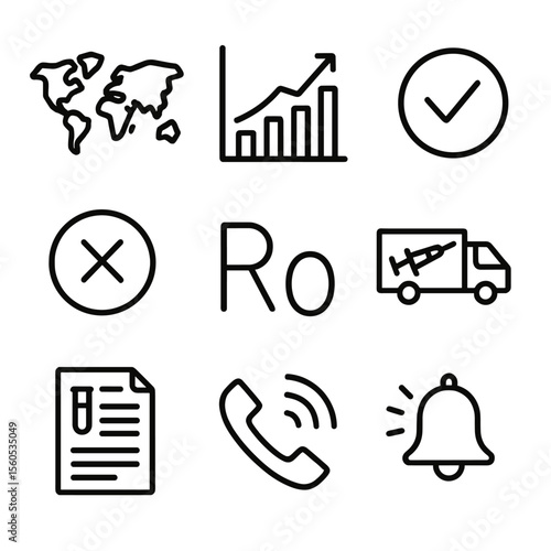Pandemic Data Icons. Outline icon set of pandemic data and tracking: global map, case chart, recovery checkmark, death cross,