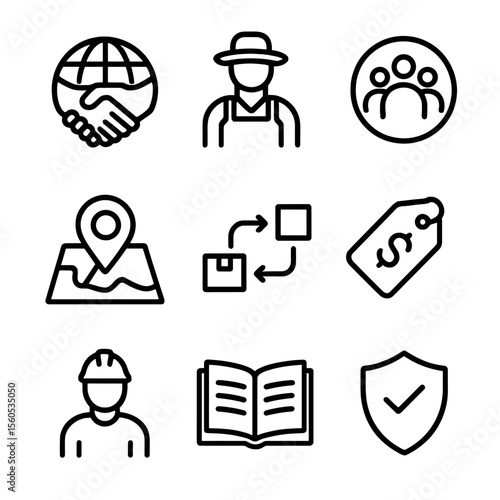 Ethical Sourcing Icons. Outline icon set of ethical sourcing labels: handshake over globe, local farmer icon, community support