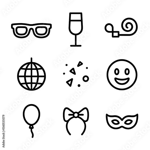 Party Icon Set. Outline icon set of party photo props: sunglasses, champagne glass, party blower, disco ball, confetti, emoji face